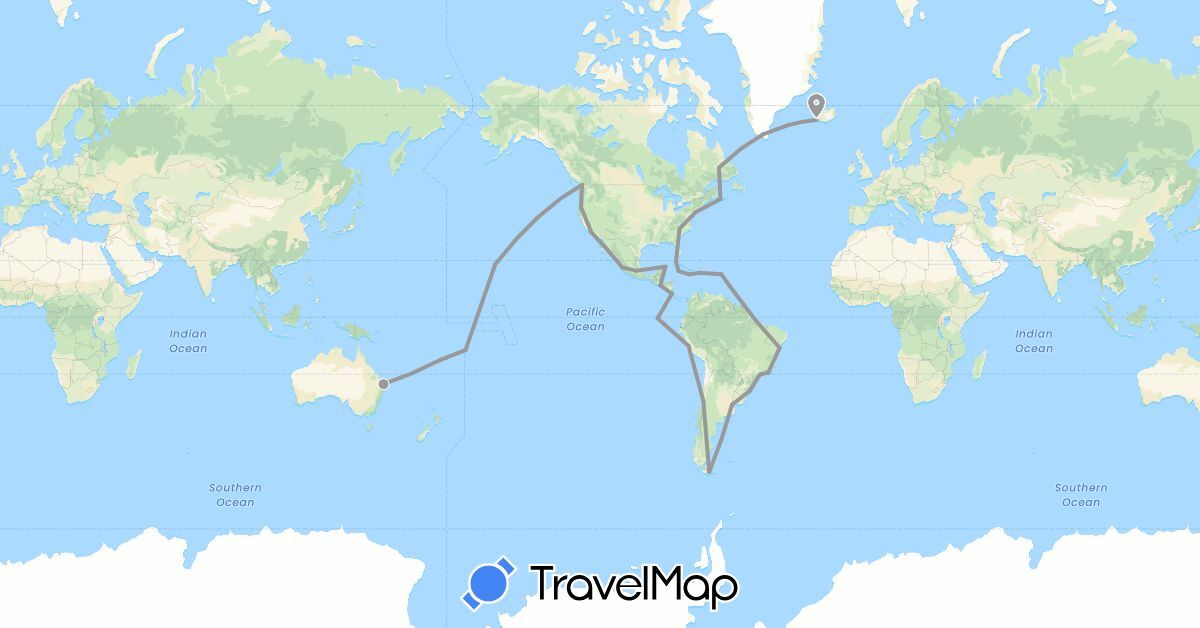 TravelMap itinerary: driving, plane in Argentina, Australia, Barbados, Brazil, Canada, Chile, Costa Rica, Fiji, Mexico, Netherlands, Peru, United States, Samoa (Europe, North America, Oceania, South America)